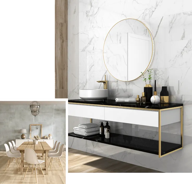 baño moderno con porcelanato gran formato blanco con betas oscuras en pared piso tipo madera