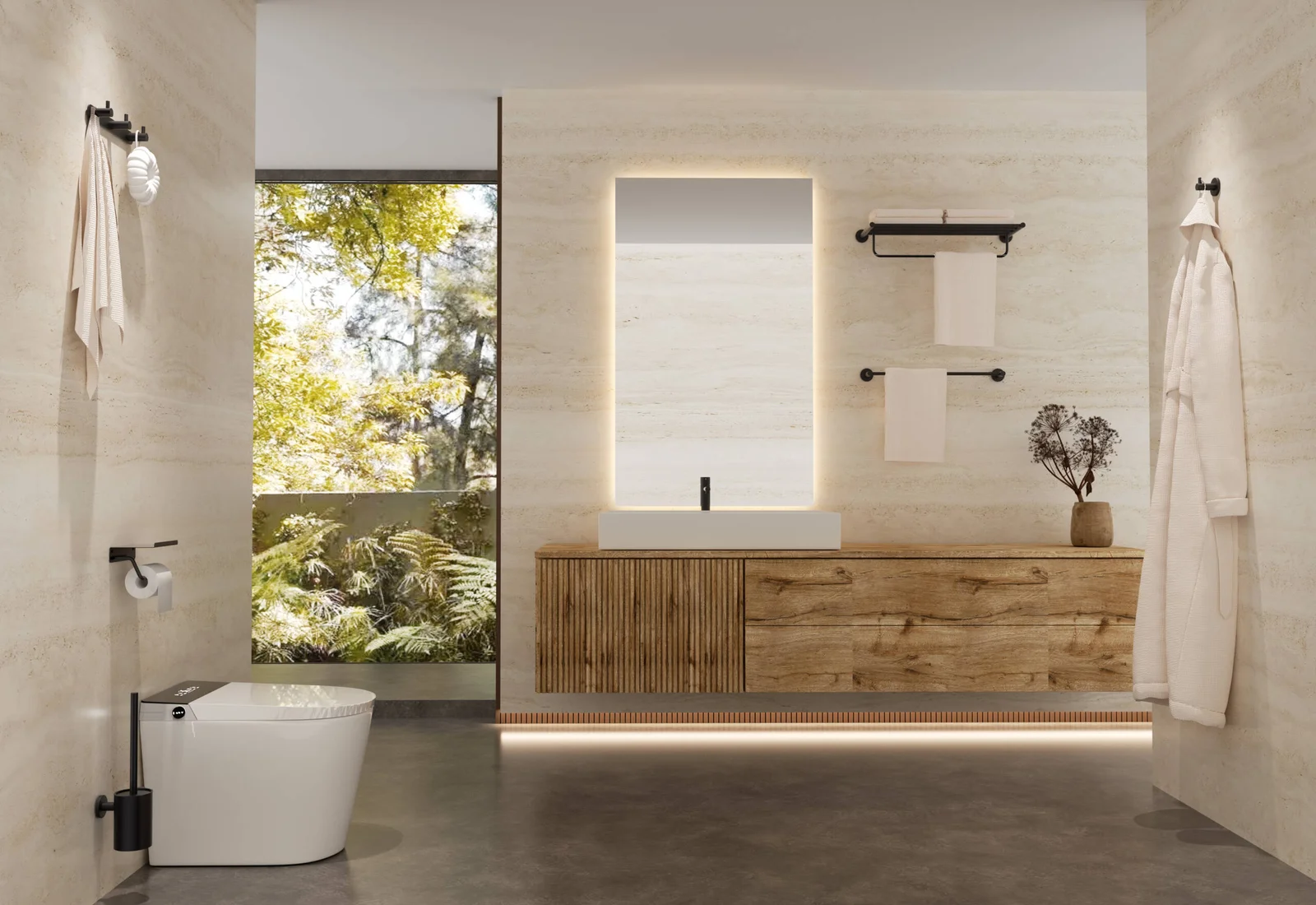 Accesorios de baño: toallero y perchas en negro mate