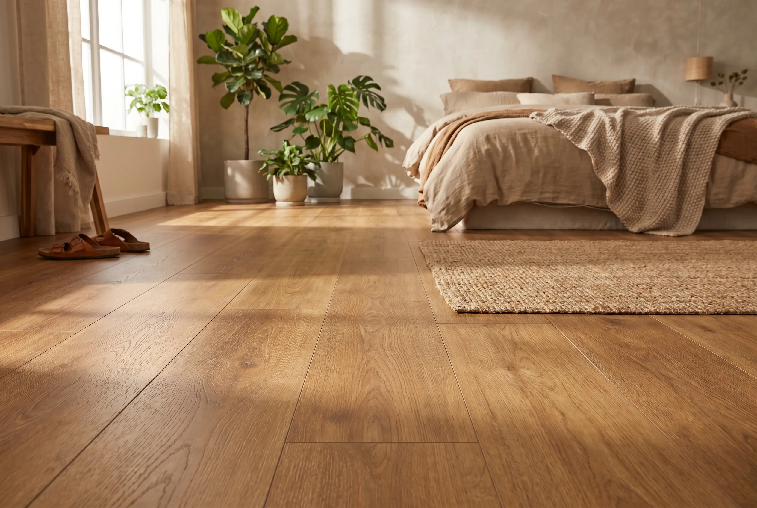 Dormitorio con piso vinílico SPC cálido tipo madera