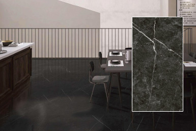 cocina con meson blanco y comedor gris sillas modernas piso porcelanato y cerámica tipo tipo cemento baldosas