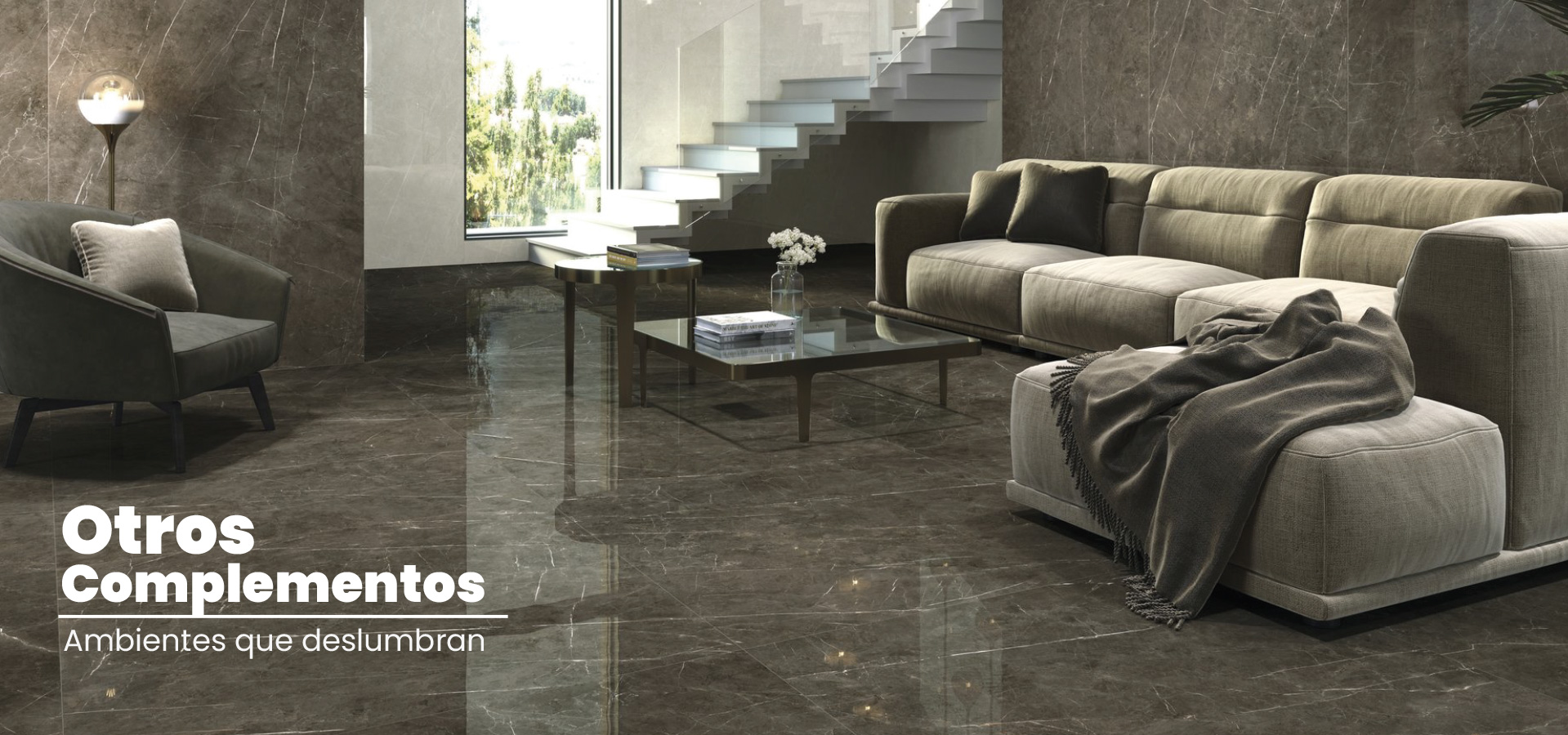 Kinara-porcelanato-formato-grande-brilloso-revestimientos-banner sala moderna con piso de porcelanato gradas blancas y muebles oscuros