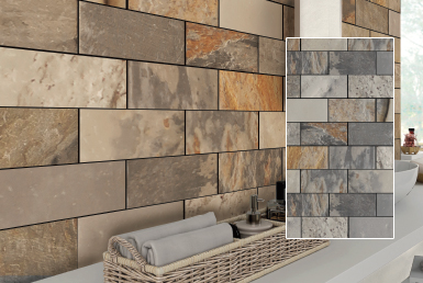 baño con pared revestida usando piedra natural tonos tierra