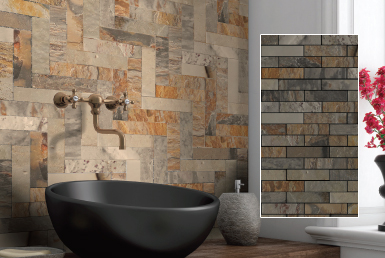 baño rústico pared piedra natural mesón de madera grifería dorada lavamanos negro