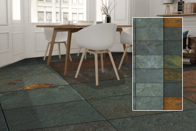 comedor moderno con revestimiento de piedra natural tipo cerámica tono verde oro sillas blancas con madera