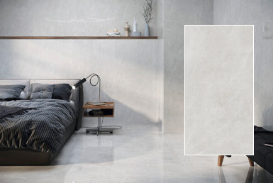 Kinara-importación-y-venta-porcelanato-y-cerámica-formato-grande-80x160cm-TESSINO-SMOKE porcelanato y cerámica formato grande en dormitorio piso pared tono brilloso cama baja