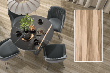 Kinara-importación-y-venta-porcelanato-tipo-madera-23.3x120-cm-HENSA-BEIGE comedor moderno mesa negra sillas grises decoración planta piso porcelanato tipo madera color beige