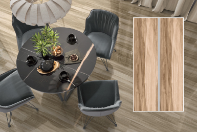Kinara-importación-y-venta-porcelanato-tipo-madera-15.3x58.9-cm-JACKSON-BEIGE comedor moderno mesa neegra sillas grises piso porcelanato tipo madera