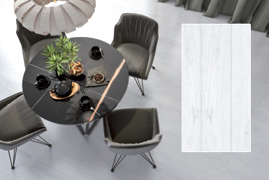 Kinara-importación-y-venta-porcelanato-tipo-madera-23.3x120-cm-LOGIC-BLANCO comedor moderno color negro sillas grises modernas piso porcelanato tipo madera color blanco