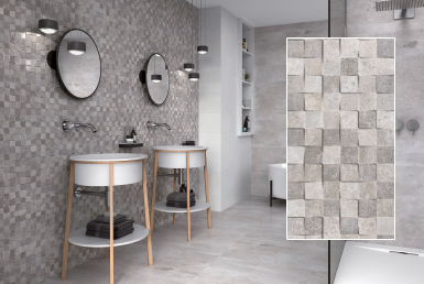 kinara-importación-distribución-ventas-revestimientos-de-construcción-25x75cm-BRIO-KUBIC-TAUPE baño pared con mosaico gris pisos de porcelanato formato grande tono claro tina y lavamanos blanco