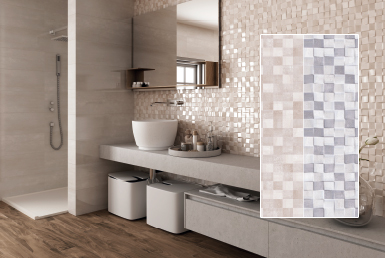 kinara-importación-distribución-ventas-revestimientos-de-construcción-25x75cm-CULT-KUBIC-MIX baño con mosaico tono claro en pared ducha porcelanato formato grande y mueble madera blanco piso porcelanato formato grande tipo madera