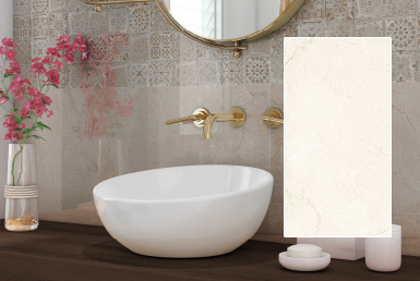 kinara-importación-distribución-ventas-revestimientos-de-construcción-25x75cm-DESERT-MARFIL baño mesón madera lavamanos blanco pared porcelanato formato grande tono claro