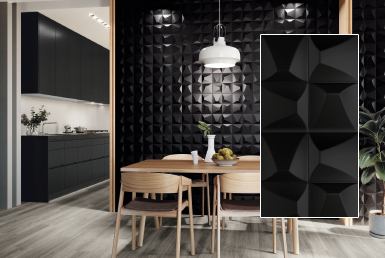 kinara-importación-distribución-ventas-revestimientos-de-construcción-25x25cm-NARES-BLACK-SATIN cocina pared con cerámica porcelanato baldosas brillante tono oscuro comedor de madera