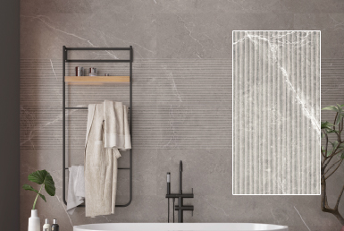 kinara-importación-distribución-ventas-revestimientos-de-construcción-30x90cm-NIVAL-DUNAS-GRIS baño pared con cerámica porcelanato baldosas terminado mate tono gris bañera blanca