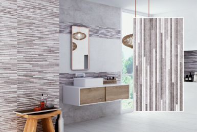 kinara-importación-distribución-ventas-revestimientos-de-construcción-25x75cm-PAX-MURETO-PERLA baño con porcelanato formato grande tono claro en pared y mueble madera blanco piso porcelanato formato grande tono claro