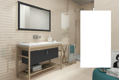 kinara-importación-distribución-ventas-revestimientos-de-construcción-25x85cm-PISCIS baño pared con mosaico tono claro brillante mueble base metal piso porcelanto formato grande tono claro