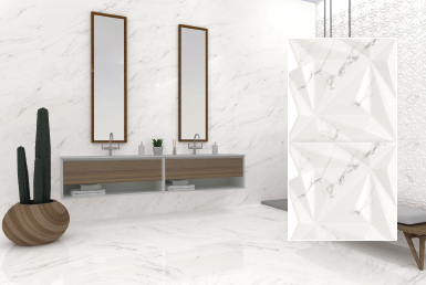 kinara-importación-distribución-ventas-revestimientos-de-construcción-15x15cm-TAVI-FIRENZE-BIANCO baño pared con ceramica porcelanato baldosas terminado brillante tono claro mueble de madera
