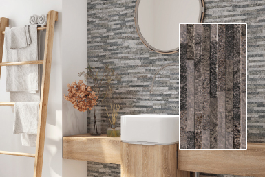 kinara-importación-distribución-ventas-revestimientos-de-construcción-15.3x58.9cm-YOSEMITE-GRIS baño pared con mosaico tono oscuro lavabo blanco mueble de madera