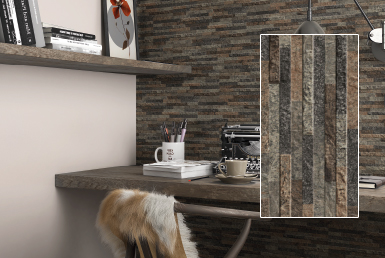 kinara-importación-distribución-ventas-revestimientos-de-construcción-15.3x58.9cm-YOSEMITE-ÓXIDO estudio pared con cerámica porcelanato baldosas tipo piedra tono oscuro escritorio de madera