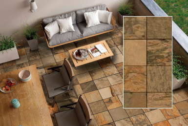 sala comedor de madera exterior con piso en piedra rustica tipo fachaleta