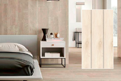 Kinara-importación-y-venta-porcelanato-tipo-madera-23x120-cm-MAKAI-IVORY dormitorio moderno cama velador blanco piso pared porcelanato tipo madera beige