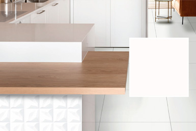 Cerámica decorativa blanca en pisos heromsos con meso de cocina de madera para restaurantes.