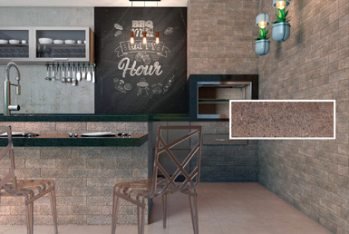 Cerámica decorativa en pared tipo ladrillo de cafetería con piso color café de porcelanato cuadrado