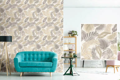 Pared decorativa de porcelanato con cerámoca de flores y sillon celeste