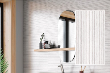 Cerámica decorativa en pared blanco de lineas con espejo cricular