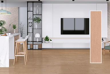 Cerámica café clara en piso y pared blanca con televisor, sillas blanca y meson de cocina blanco