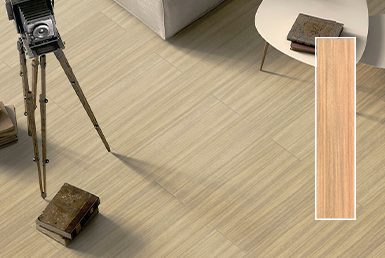 Cerámica maderada tomate en piso rectificado en sala con una camara antigua y mesa pequeña decorativa blanca de porcelanato