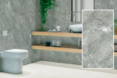 Hermosa cerámica gris con vetas en pared de baño de restaurante con hinodoro celeste y meson de madera