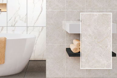 Cerámica tipo cemento color miel con betas en baño sofisticado y porcelanato blanco con vetas en pared , bañera