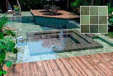 Cerámica en piscina color verde elegante con pisos de madera en exterior