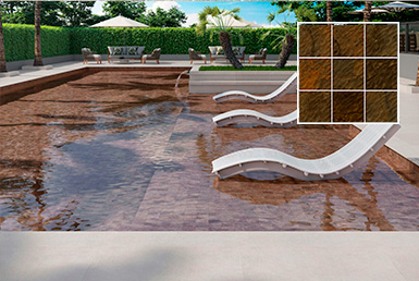 ceramica de piscina ecuador color cafe, con silla blanca y de fondo arboles con flores