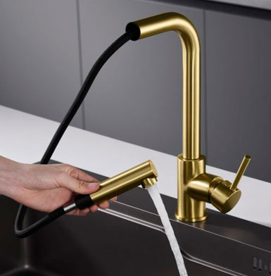 Grifos de cocina dorada alta, monomando extraible con meson de cocina blanco