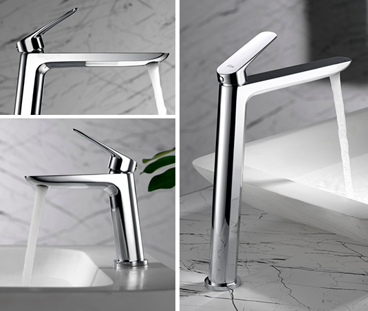 Collage de grifo cromado alto. con base de porcelanato blanco con vetas negras. y lavamanos blanco