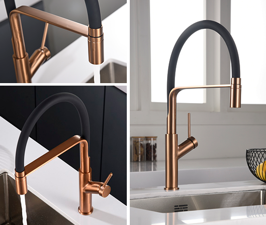 Grifería sena oro rosa con meson de cocina blanco. con mango flexible color negro