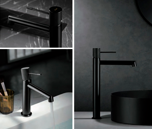Grifo color negro mate alto monomando, con lavamanos negro en un collage de varias llaves negras mate line
