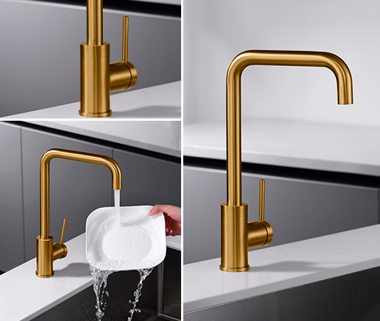 Grifería para cocina color oro rosa dorada con plato blanco y pared blanca de porcelaanto