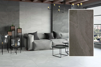 Porcelanatos antideslizantes en areas de exteriores sala de parrillas, con asiento gris y pared de antideslizantes grises y accesorios decorativos.