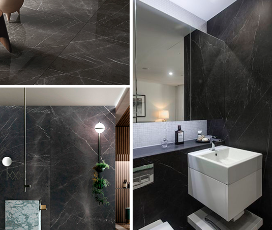 Baño con pared de piedra sinterizada negra, collage