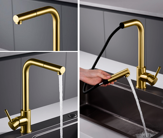 Llave oro cepillado, de cocina con mango extraible, agua cristalina