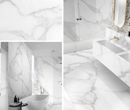 Piedra sinterizada en pared y mesones, de lujo color blanco con betas.