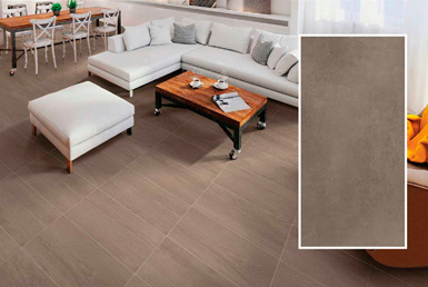 Porcelanato en sala color cafe con sillones blancos y pieza de 30x60 al frente