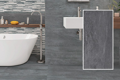 Porcelanato 30x60 para pared y en piso color gris, con bañera blanca y lavamanos blanco de porcelaanto y griferia exclusiva gris