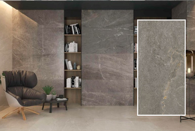 Porcelanato elegante color marron con vetas doradas y piso mate gris con asiento de cuero negro