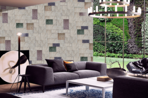 Ambiente de una sala de estar con las paredes recubiertas de piedra decorativa.
