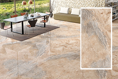 BRECCIA BLUE PIEDRA SINTERIZADA Piso de porcelanato beige con vetas grises, con mesa de comedor moderna y sillas