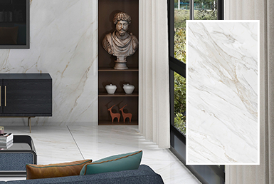 CALACUTTA BORGINI Piedra sinterizada en pared de sala y accesorios modernos con un mesón gris, en conjunto de pieza de porcelanato blanco con vetas de 120x240cm