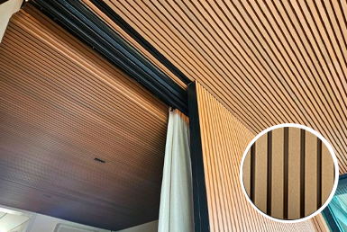 Harmony-cerezo-wpc-panel ranurado Paneles ranurados en pared y techo color café